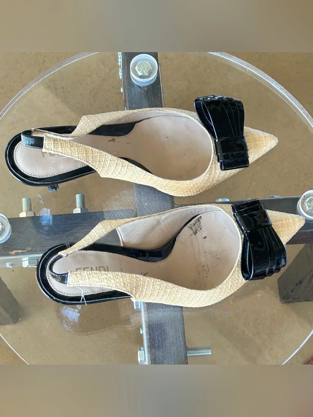 Fendi Woven Raffia Patent Leather Bow Beige/Black Pointed Slingback Pumps, sz 8